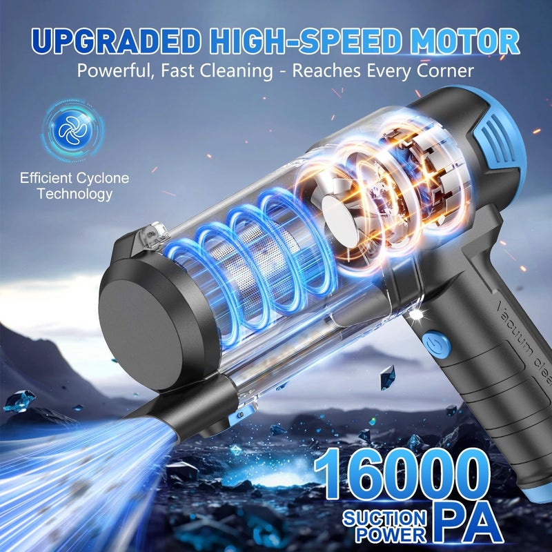MM Handheld Car Vacuum Cleaner, 16000PA Air Duster & Vacuum Cleaner, 120W High Power Hand Held Vacuum Cordless, Portable Vacuum Rechargeable with Multi-Nozzles & LED Light for Car, Home, Pet, Office - Image 2